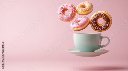 Flying cup of coffee with multicolored donuts on pink background. tighten. selective focus