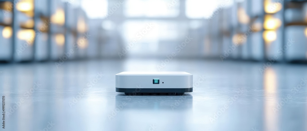 A modern automated robot on a smooth floor in a bright storage facility, showcasing innovation and technology in action. A modern automated robot on a smooth floor in a bright storage facility, showcasing innovation and technology in action.