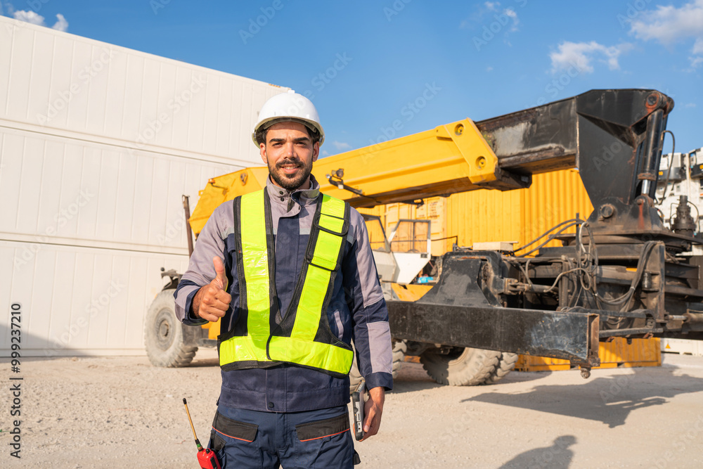 Container yard worker checking container at container yard warehouse. Container yard worker checking container at container yard warehouse.