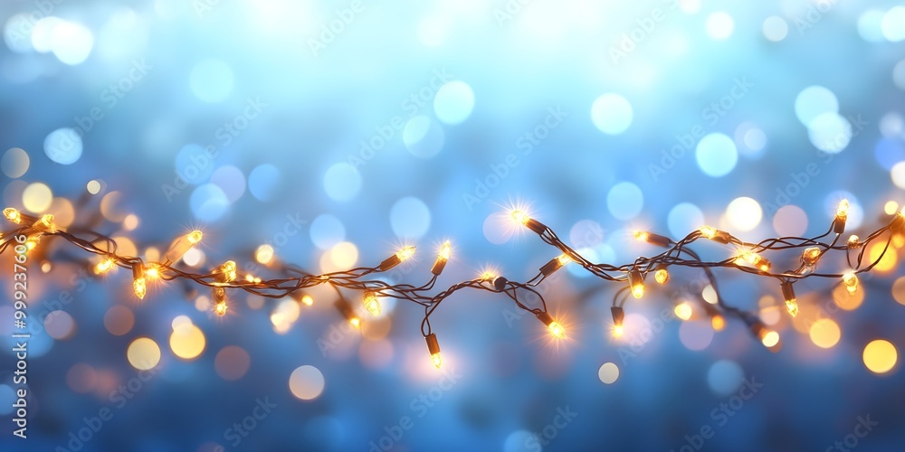 Christmas garland bokeh lights over blue background. Minimalist holiday illumination Christmas garland bokeh lights over blue background. Minimalist holiday illumination