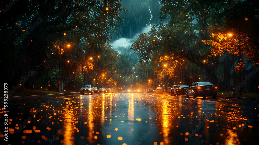 Obraz premium Rainy Night Cityscape with Streetlights and Cars