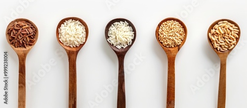 Five Dry Organic Rice Seed Collection In Light Brown Wooden Spoon With Dry Rice Ear On White Background