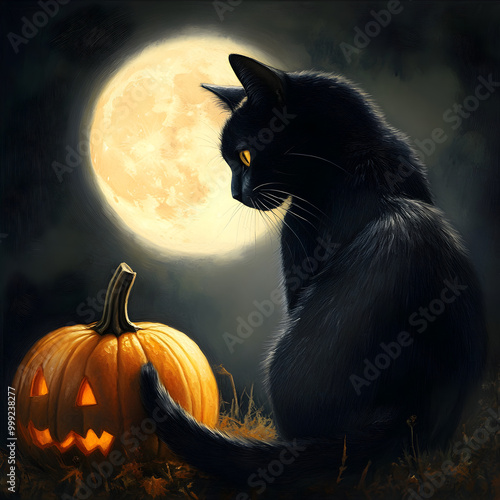 halloween cat with pumpkin