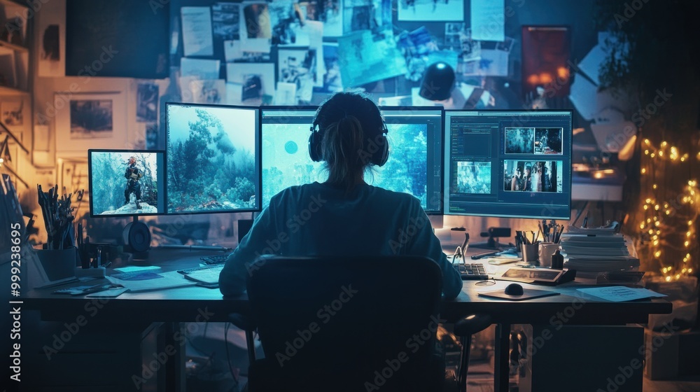 Woman Working On Computer With Multiple Monitors Woman Working On Computer With Multiple Monitors