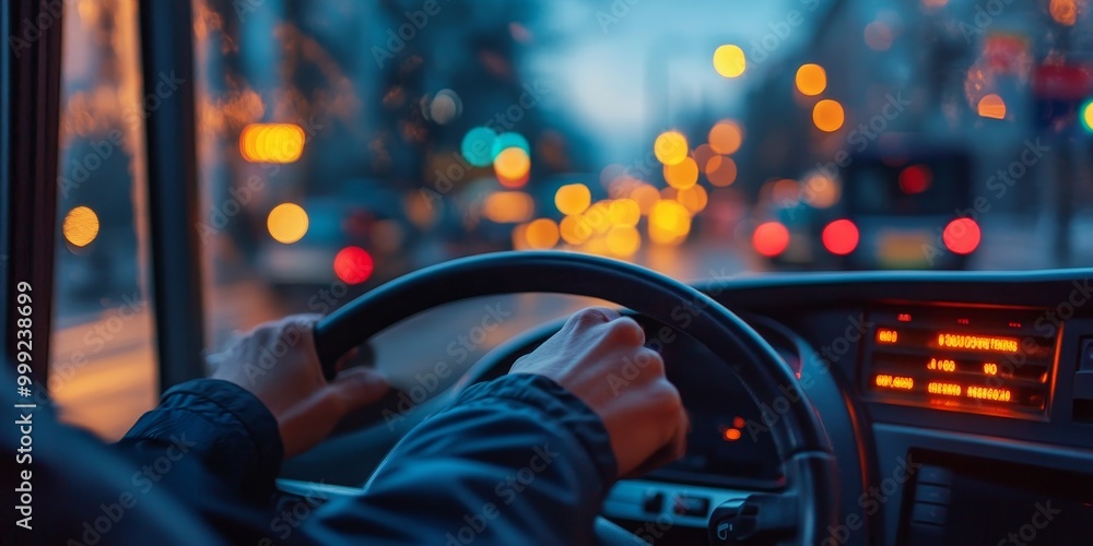 a bus drivers hands on the wheel, dashboard lights glowing in the early morning a bus drivers hands on the wheel, dashboard lights glowing in the early morning
