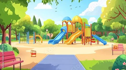 Wallpaper Mural Public park in town with children's playground. Children's entertainment playground elements. Slides, benches, sandboxes, swings and recreation parks, toys. Place children's games. Torontodigital.ca