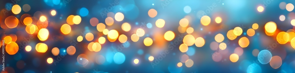 Fototapeta premium Christmas garland bokeh lights over blue background. Minimalist holiday illumination