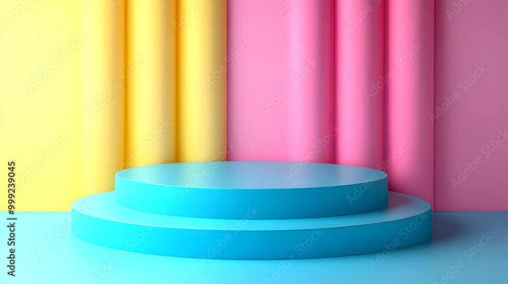 Abstract 3D Blue Podium on Yellow and Pink Background Abstract 3D Blue Podium on Yellow and Pink Background