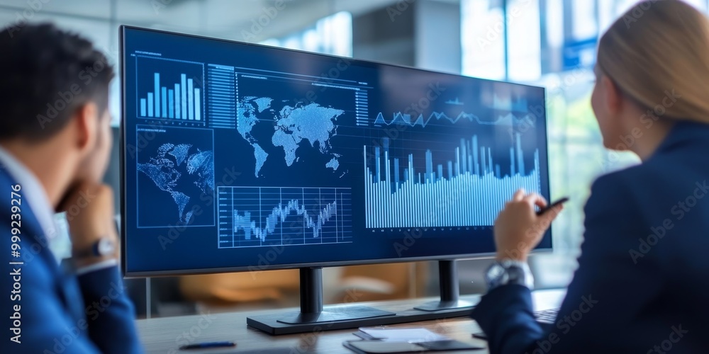 Corporate team examining detailed banking graphics to understand financial trends and market behavior in a sleek office. Corporate team examining detailed banking graphics to understand financial trends and market behavior in a sleek office.