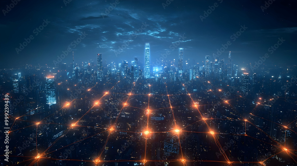 Obraz premium Cityscape at Night with Connected Network