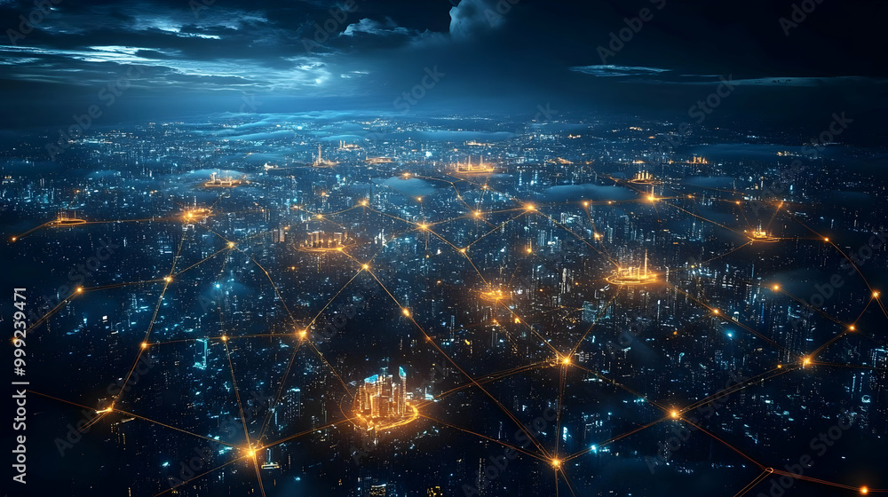 Cityscape at Night with a Network of Connections Cityscape at Night with a Network of Connections