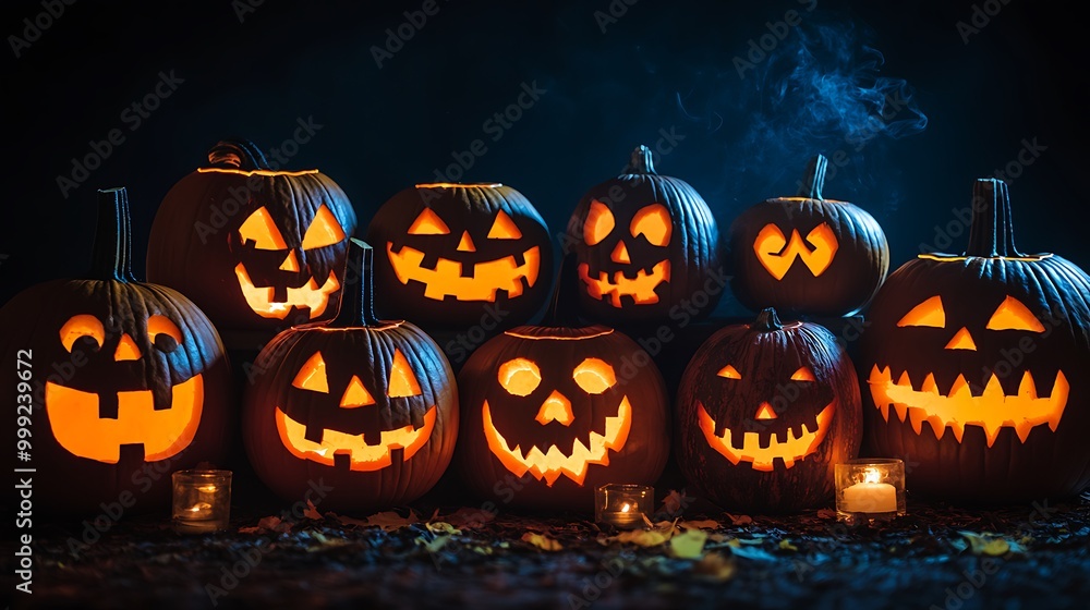 Evil Jack-o-lantern with carved pumpkin face on a dark table, a spooky symbol of Halloween Evil Jack-o-lantern with carved pumpkin face on a dark table, a spooky symbol of Halloween