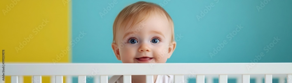 Cheerful Toddler Peeking Over Crib with a Smile Cheerful Toddler Peeking Over Crib with a Smile