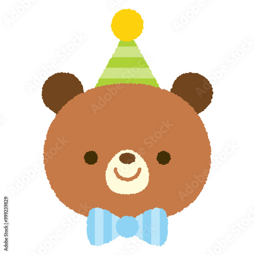 Cute smiling bear face with party hat and bow tie, featuring jagged edges for a playful hand-drawn effect.