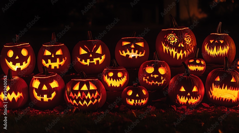 Evil Jack-o-lantern with carved pumpkin face on a dark table, a spooky symbol of Halloween Evil Jack-o-lantern with carved pumpkin face on a dark table, a spooky symbol of Halloween