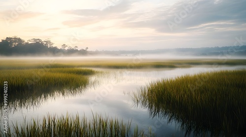 Misty rice paddy in the early morning with a thick layer of dew covering the plants and the distant horizon shrouded in fog creating a serene and tranquil scene isolated on a calm natural background