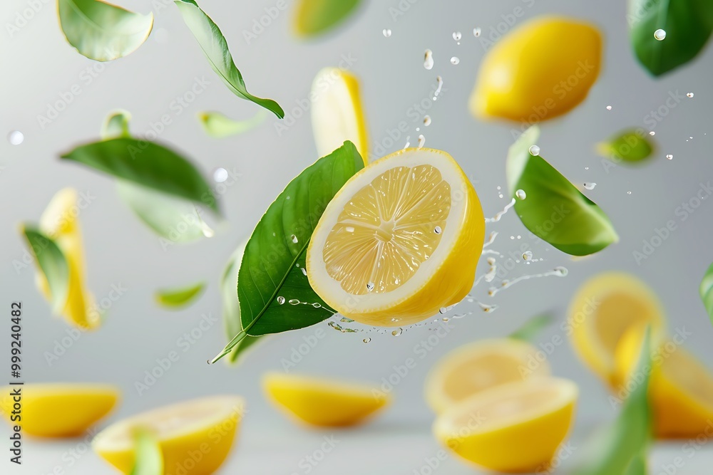 Juicy ripe flying yellow lemons, green leaves on light gray on white background Juicy ripe flying yellow lemons, green leaves on light gray on white background