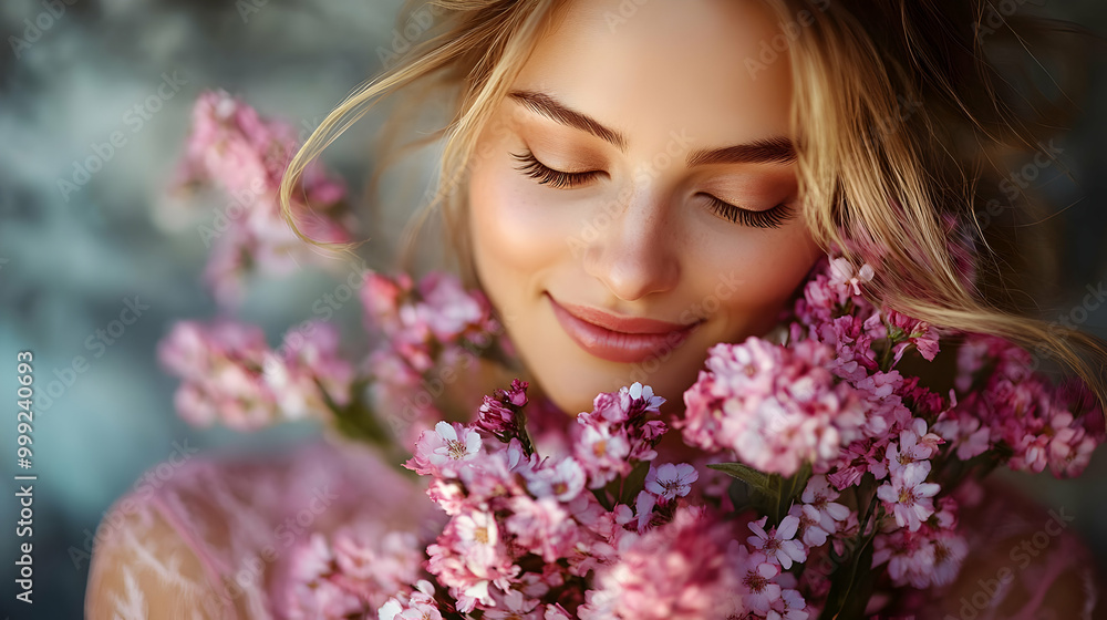 Beautiful Woman Smiles While Holding Pink Flowers, Blooming Flowers, Springtime Beauty Beautiful Woman Smiles While Holding Pink Flowers, Blooming Flowers, Springtime Beauty