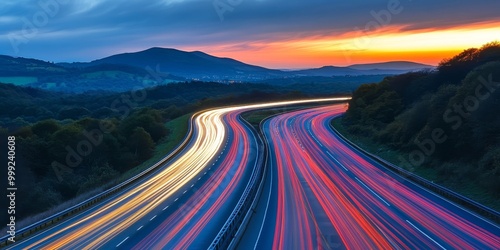 a highway at dusk, long exposure capturing the trails of headlights and taillights in motion