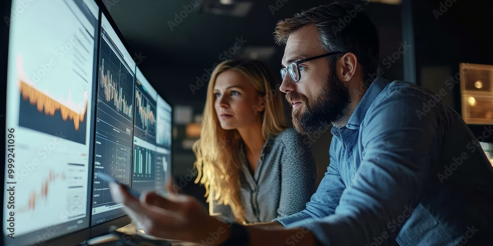 Business professionals using sophisticated banking graphics to evaluate financial performance and opportunities in a modern office. Business professionals using sophisticated banking graphics to evaluate financial performance and opportunities in a modern office.