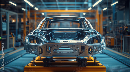 A car chassis on an assembly line in a modern automotive manufacturing plant.