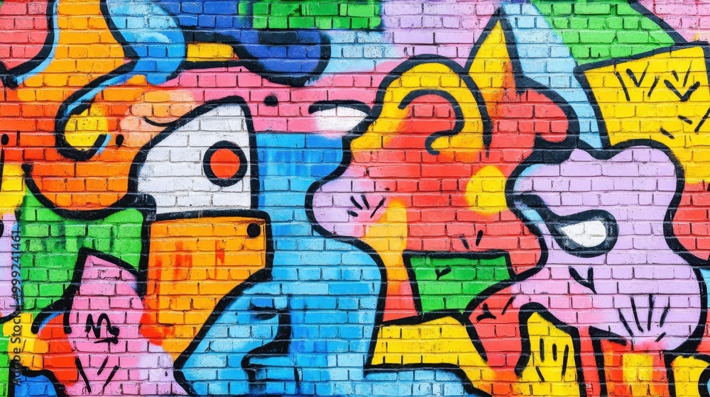 Pop art graffiti on a brick wall, full of bright colors and bold shapes, representing a lively urban street culture Pop art graffiti on a brick wall, full of bright colors and bold shapes, representing a lively urban street culture
