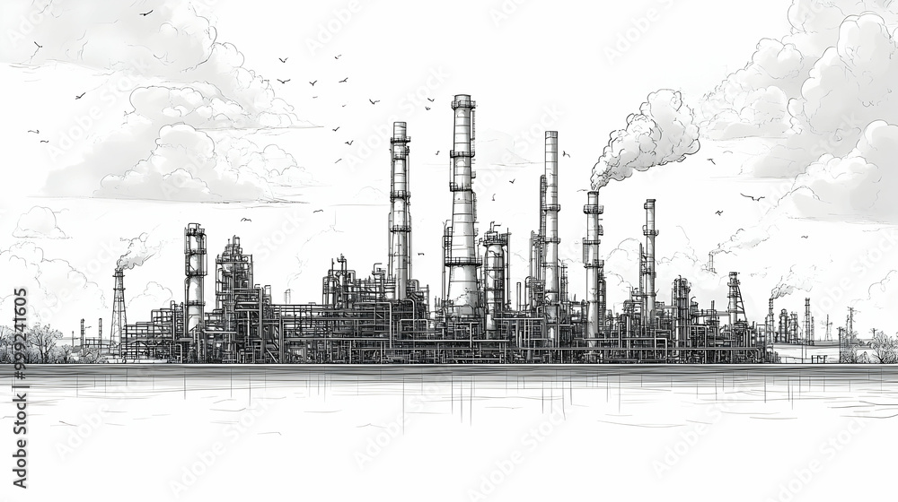 Industrial Complex Sketch with Smoke and Birds Industrial Complex Sketch with Smoke and Birds