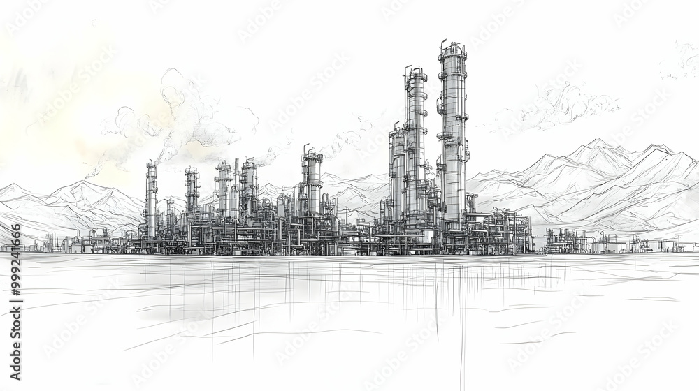 Industrial Complex Sketch with Mountain Landscape Industrial Complex Sketch with Mountain Landscape