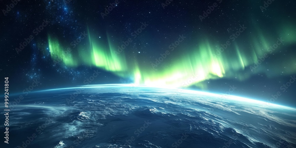Fototapeta premium the Northern Lights from space, with bright auroras illuminating Earths atmosphere.