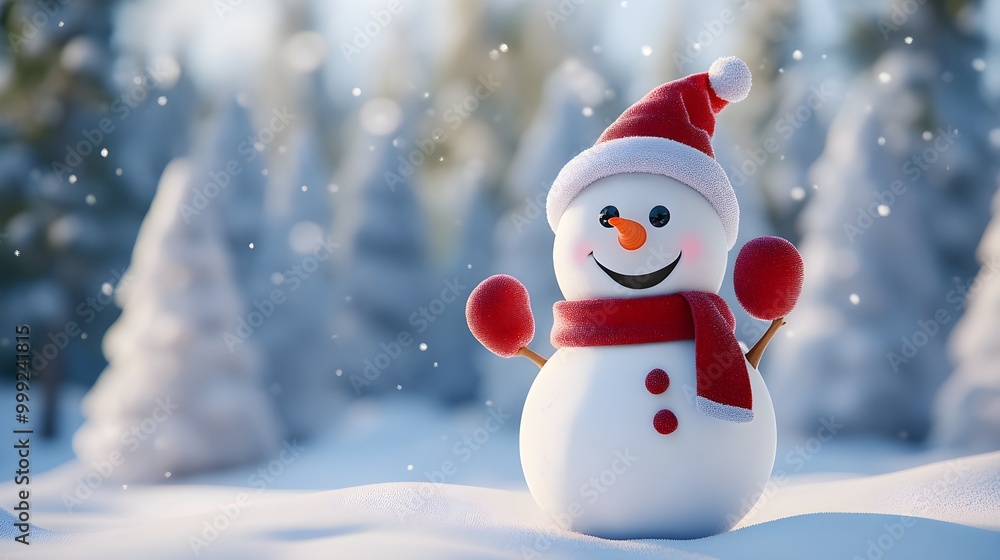 Realistic snowman smiling standing in snow near spruce trees. Cute new year, christmas holiday character smiling in red mittens scarf and hat Realistic snowman smiling standing in snow near spruce trees. Cute new year, christmas holiday character smiling in red mittens scarf and hat