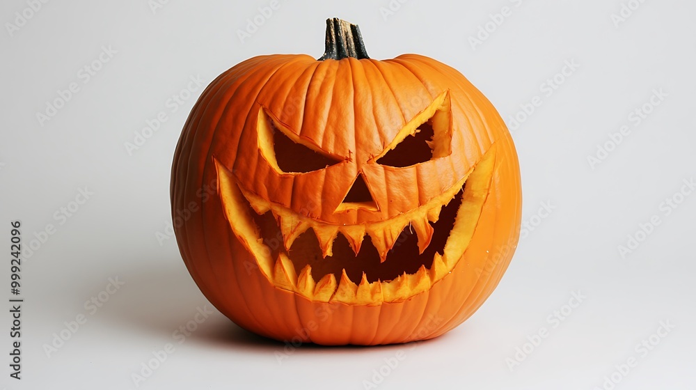 Isolated spooky jack-o-lantern with carved evil smile on white background, perfect for Halloween decoration Isolated spooky jack-o-lantern with carved evil smile on white background, perfect for Halloween decoration