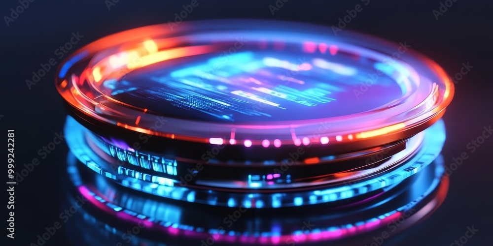 a futuristic AI assistant device, sleek design with holographic interface, glowing in vibrant colors for smart home integration. a futuristic AI assistant device, sleek design with holographic interface, glowing in vibrant colors for smart home integration.