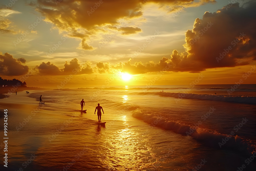 Silhouettes of Surfers Riding Waves at Sunset with Golden Sky and Clouds Silhouettes of Surfers Riding Waves at Sunset with Golden Sky and Clouds