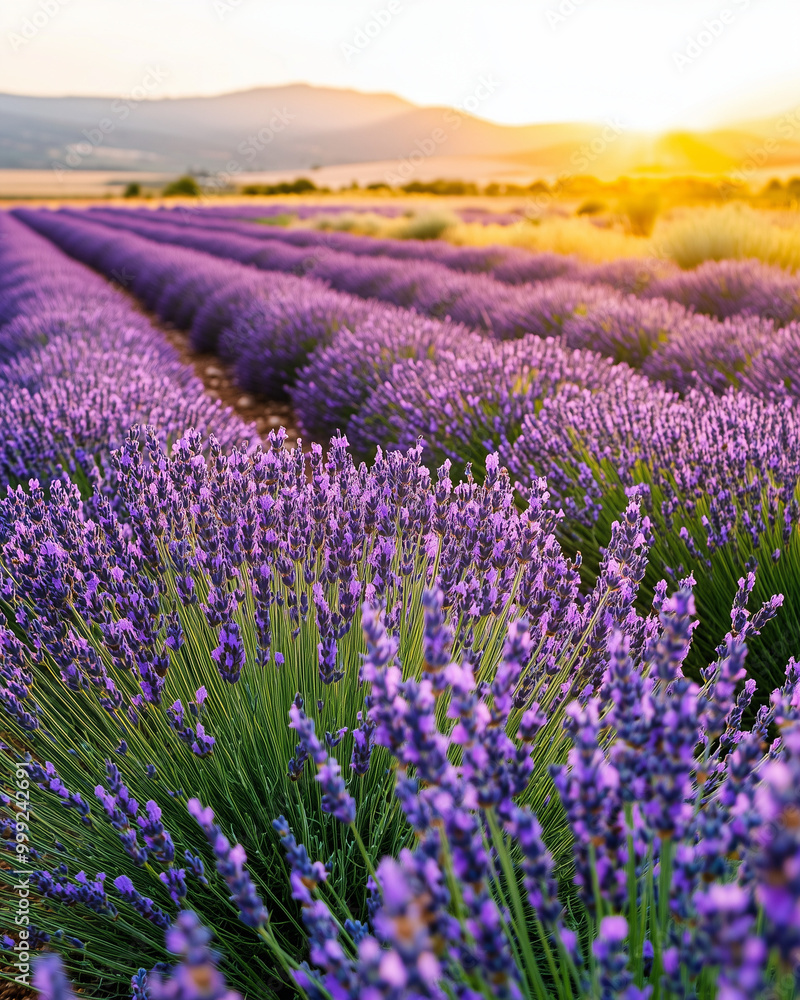 Naklejka premium Sunrise Over Picturesque Lavender Field Rows