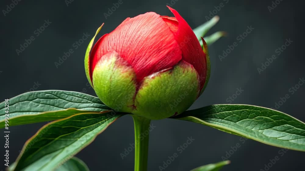 A vibrant red peony bud is about to bloom, surrounded by delicate green leaves A vibrant red peony bud is about to bloom, surrounded by delicate green leaves