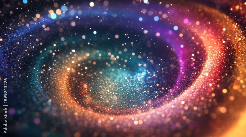 Obraz premium Rainbow spiral of fairy dust and glitter spinning into a galaxy of stars, evoking a magical fantasy atmosphere