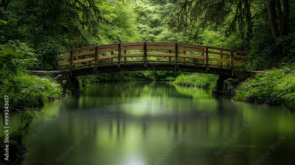 Obraz premium Rustic wooden bridge crossing over a slow moving river with the surrounding trees reflected on the water s surface giving a peaceful natural vibe isolated on a lush green background