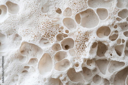 Close-up of a porous texture on a natural spongy surface, showcasing intricate details. photo