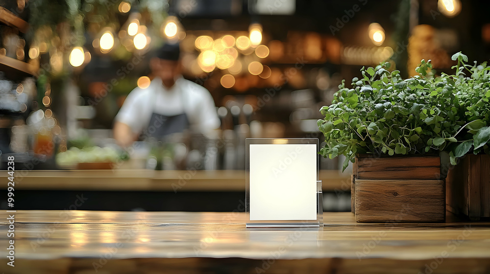 Blank Sign on Wooden Table, Cafe Setting Blank Sign on Wooden Table, Cafe Setting