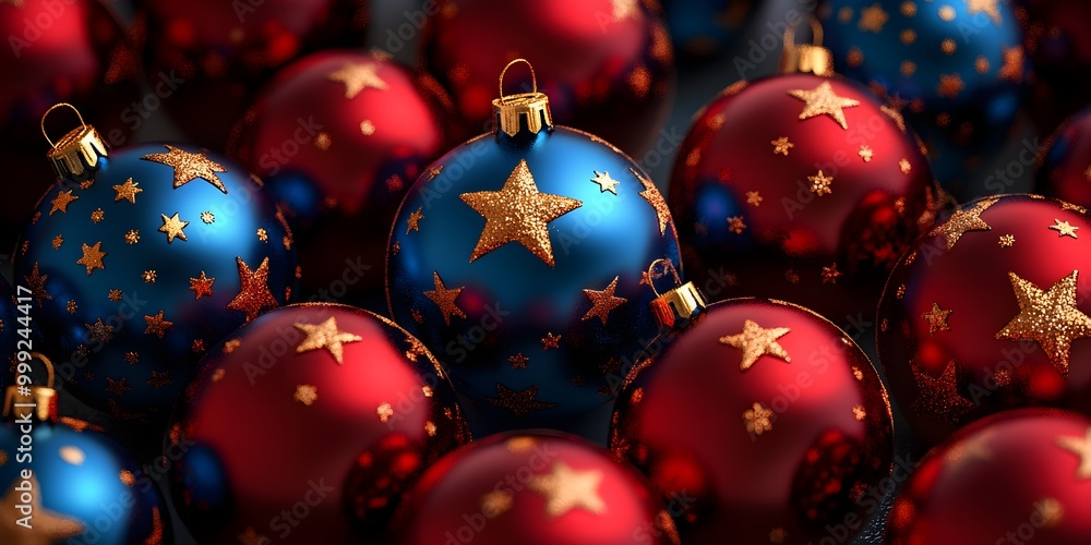 Fototapeta premium 3d render of red and blue christmas balls with golden stars