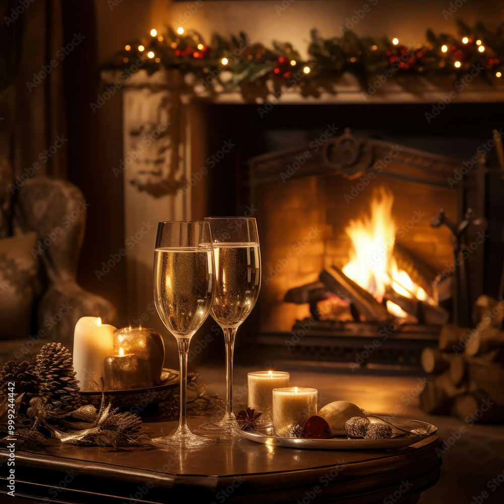 Cozy Decorated Room with Fireplace and Drinks Cozy Decorated Room with Fireplace and Drinks