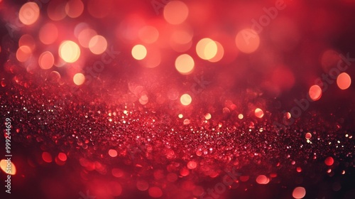 Red sparkling texture with glitter and glowing holiday lights, perfect for Valentine's Day, love, and celebration