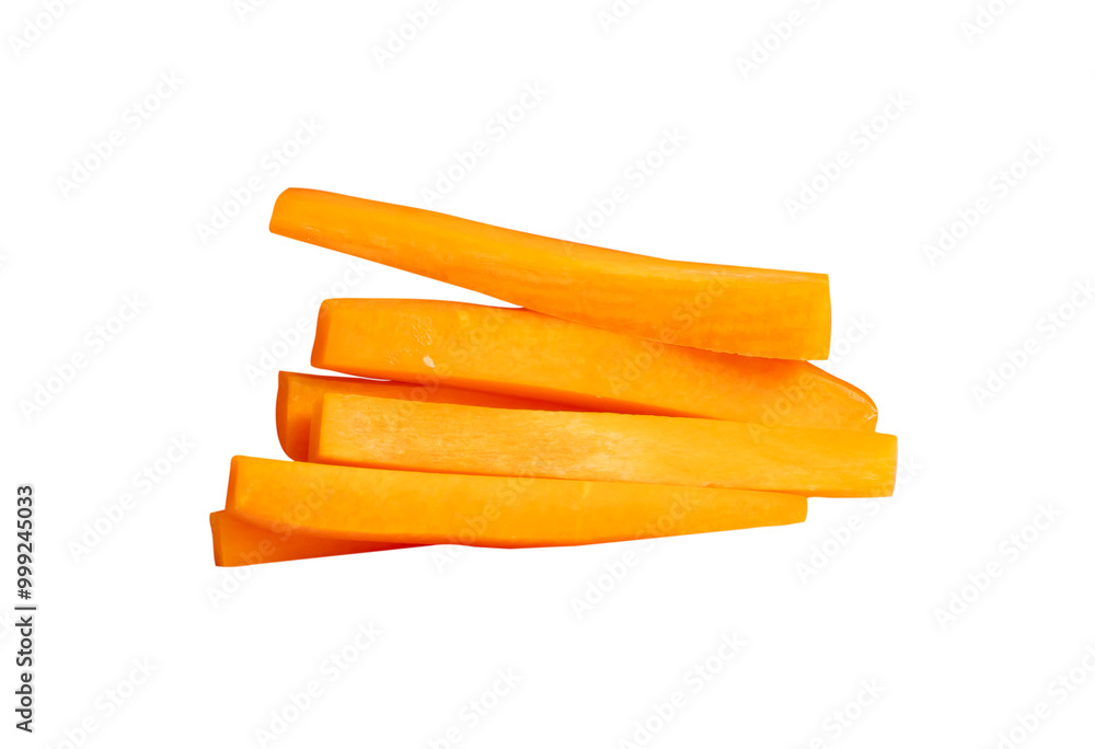 Side view of orange carrot slices in stick shape in stack isolated with clipping path in png file format Side view of orange carrot slices in stick shape in stack isolated with clipping path in png file format