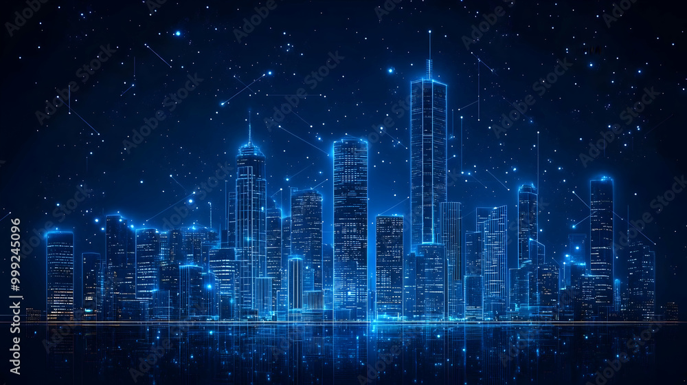Digital Cityscape: A Futuristic Skyline in Blue Hues Digital Cityscape: A Futuristic Skyline in Blue Hues