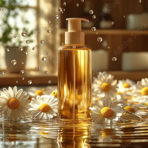 Natural cleansing oil products photo shoot with chamomile, realistic hyper-detailed rendering, soft yellow tones, eye-catching tags, free-flowing lines, cute cartoonish design, water drops