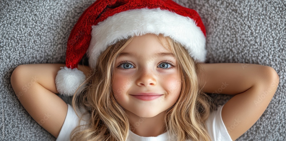 A happy girl wearing a Santa hat and a white T-shirt, posing with her hands on her head, isolated against a grey background, space for copy, smiling child in Christmas costume, excited for New Year A happy girl wearing a Santa hat and a white T-shirt, posing with her hands on her head, isolated against a grey background, space for copy, smiling child in Christmas costume, excited for New Year
