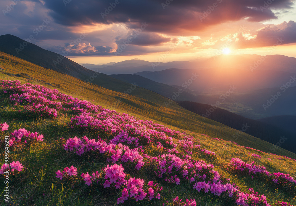 Stunning sunset over a vibrant field of pink flowers in a mountainous landscape. Stunning sunset over a vibrant field of pink flowers in a mountainous landscape.