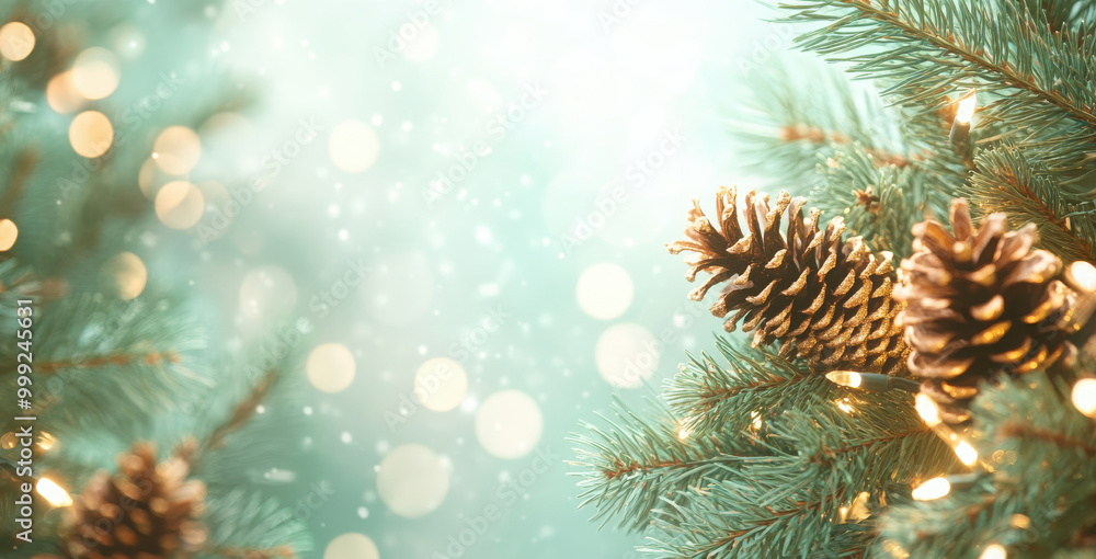 Festive winter scene with pinecones and twinkling lights on a snowy, green fir tree branch. Festive winter scene with pinecones and twinkling lights on a snowy, green fir tree branch.