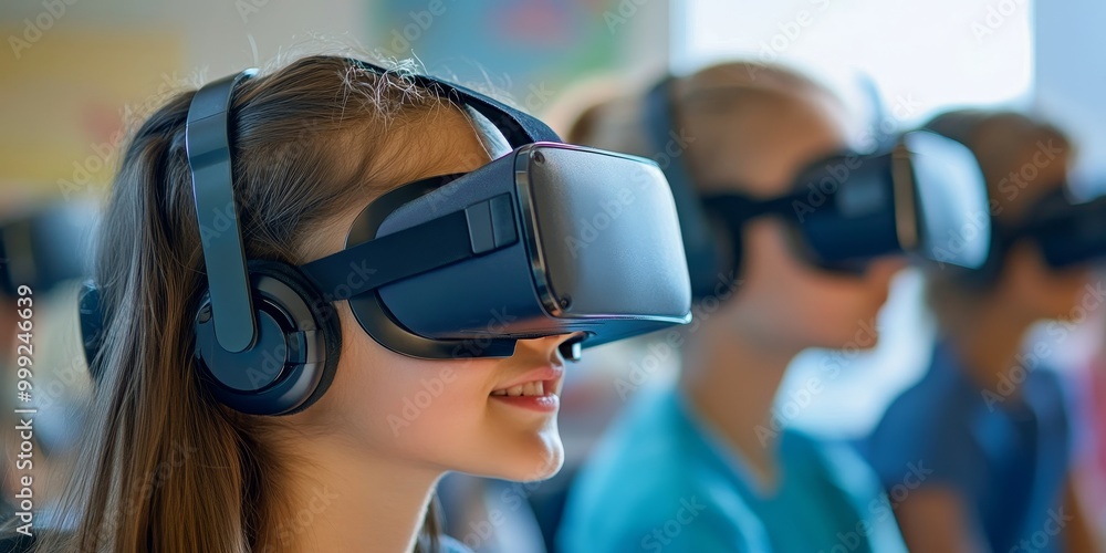 A close-up features virtual reality goggles in a classroom, focusing on the tech and a curious expression, as a bright setting captures the immersive nature of educationa A close-up features virtual reality goggles in a classroom, focusing on the tech and a curious expression, as a bright setting captures the immersive nature of educationa