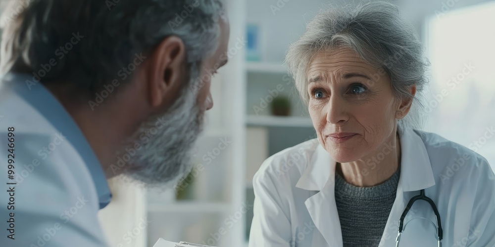 Obraz premium A senior consults with a doctor, with a close-up on their thoughtful expression and medical chart, as bright clinic light reflects care in senior health